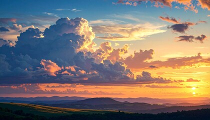 Fototapeta premium Majestic sunset over rolling hills with golden light on dramatic clouds.