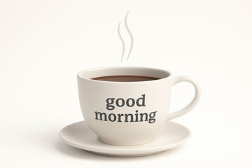 Obraz premium Steaming cup of coffee with good morning message on a white background
