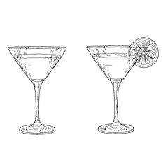 Cocktail in an elegant glass on a thin stem, black and white sketch. Vector illustration. Classic alcoholic drink, silhouette set isolated on white background. Lemon slice on a glass