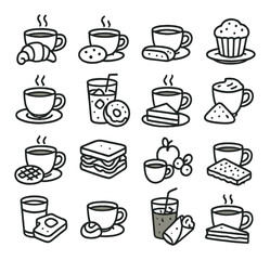 Coffee and pastry icons: cups, sweets, and baked goods