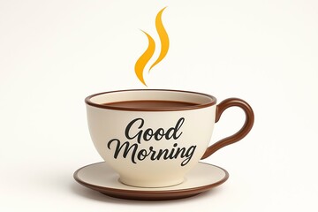 Obraz premium Steaming cup of coffee with good morning written on the side on a white background