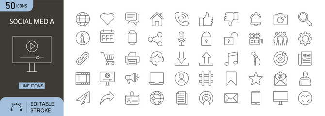 Social Media icons set. Includes icons for like, share, comment, hashtag, post, and follower. Editable stroke. Line icons. Perfect for infographics.