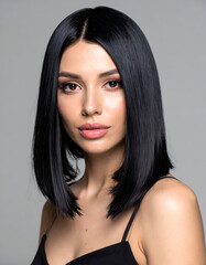 Naklejka premium Confident woman with shiny black dyed hair, glamorous fashion look, close-up portrait