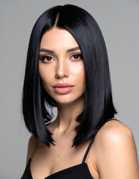 Confident woman with shiny black dyed hair, glamorous fashion look, close-up portrait