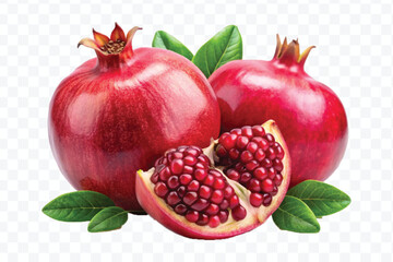 fresh pomegranate with slice and  leaves in different style isolated on transparent background