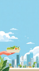 Obraz premium Hand holding a bowl of fresh salad against a vibrant city skyline under a sunny blue sky with fluffy clouds