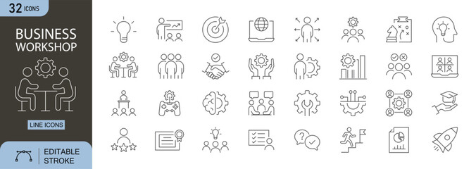Business Workshop icons set. Includes icons for meeting, teamwork, seminar, discussion, and training. Editable stroke. Line icons. Perfect for infographics.