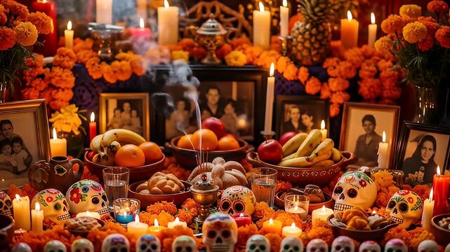 Elaborate D?a de los Muertos altar adorned with marigolds, candles, skulls, food and photos