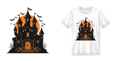 Spooky halloween graphic illustration on t-shirt featuring a haunted castle