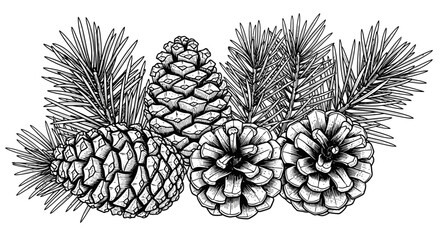Detailed Hand-Drawn Line Art of Pine Cones and Needles on Isolated White Background