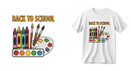 Cheerful welcome back to school graphic t-shirt design with art supplies theme