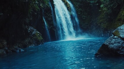Fototapeta premium Serene waterfall cascading into a vibrant blue pool.