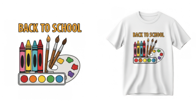 Cheerful welcome back to school graphic t-shirt design with art supplies theme