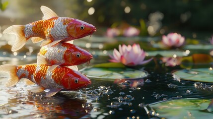 Three Koi fish leap from a pond with lily pads and flowers.