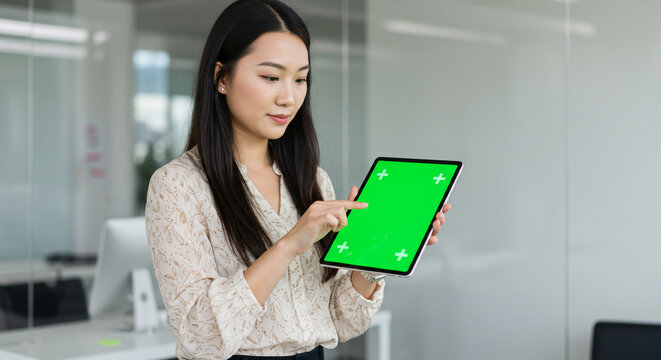 Asian businesswoman using tablet with green screen for presentation in modern office setting - Powered by Adobe