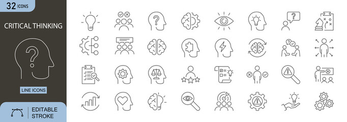 Critical Thinking icons set. Includes icons for brain, mind, analysis, problem-solving, idea, logic, and decision-making. Editable stroke. Line icons. Perfect for infographics. © IconForge Studio