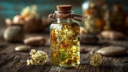 Natural organic essential oil in small bottles, Generative AI,