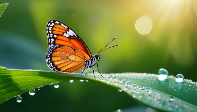 borboleta laranja vibrante em folha verde fresca com gotas de orvalho capturando a essencia da primavera
