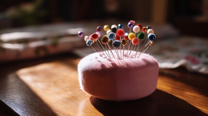 Colorful sewing pins arranged on a pink pincushion with soft lighting and wooden surface