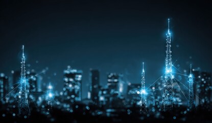 Futuristic city skyline at night with illuminated interconnected towers