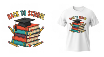 Festive back to school books and graduation cap design for academic apparel