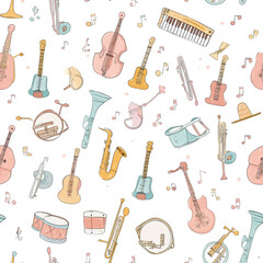 Pattern with musical instruments and notes, children's music theme, pastel colors, white background, seamless pattern on fabric.