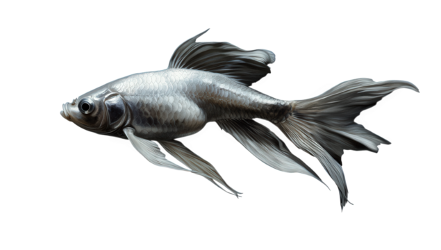 Black and silver fish with flowing fins isolated on transparent background