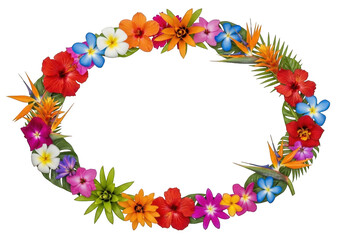 Oval floral lei with vibrant tropical flowers and green leaves isolated on transparent background