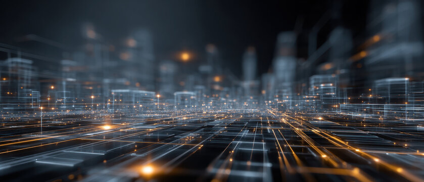 Futuristic city digital grid neon light glowing line data stream depth of field abstract cityscape cyber network urban skyline motion blur. Futuristic city digital grid neon light glowing line