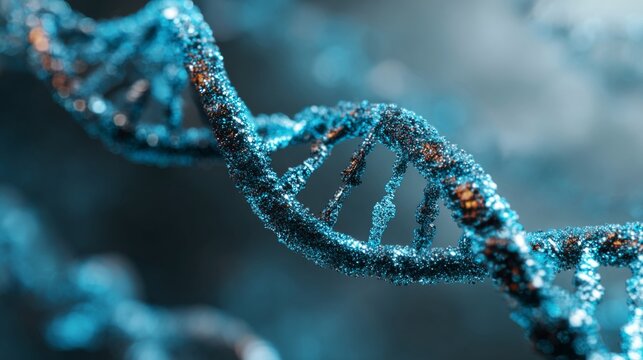 Close up of glowing blue dna double helix structure with molecular strands and futuristic biotech background representing genetics, genome sequencing, molecular biology, and medical research innovatio