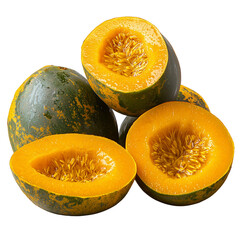 A close-up of halved pumpkins showcasing vibrant orange flesh and seeds, highlighting their fresh and seasonal appeal.