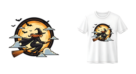 Enchanting witch flying on a broom against moon for Halloween theme apparel