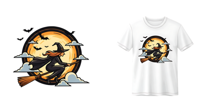 Enchanting witch flying on a broom against moon for Halloween theme apparel