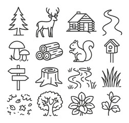 Nature icons of forest life featuring animals, plants, and outdoor elements