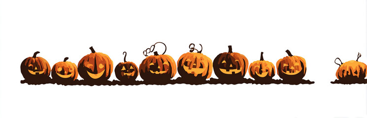 Row of carved pumpkins with glowing faces -background - Halloween decoration concept