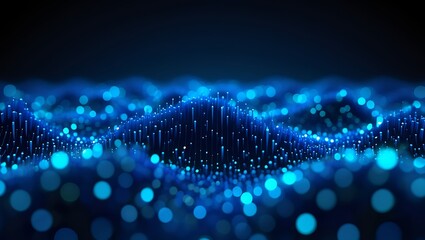 An abstract digital wave background with glowing particles, representing data flow and technological advancement