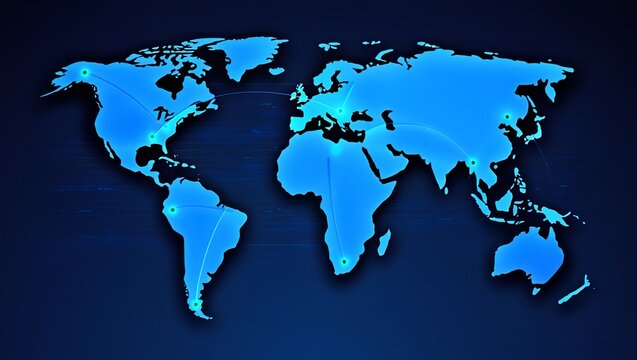 A stylized world map with interconnected nodes, representing global networks and digital connections