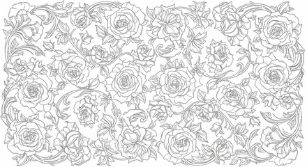 Seamless Intricate Rose Floral Pattern Outline on Isolated White Background, Elegant Line Art Design