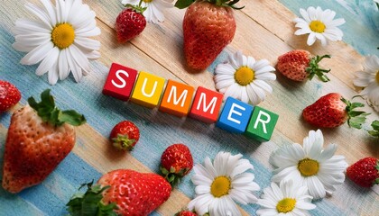 summer spelled with colorful wooden blocks on a table with daisies and strawberries