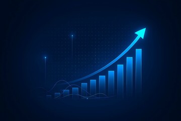 Futuristic blue glowing upward trending bar graph with arrow indicating financial growth and success