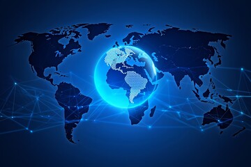 Fototapeta premium Global network connection with digital world map and planet earth glowing in blue color scheme