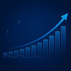 Digital blue bar graph with upward trending arrow indicating financial growth and success