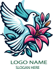 Dove and lily flower logo icon vector white background .