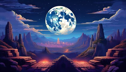 pixel art landscape featuring ancient stone ruins and full moon overlooking dark cityscape at night