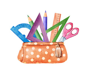 School pencil case. Cute watercolor illustration with stationery for study isolated. Back to school.