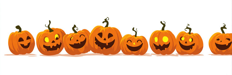 Row of carved pumpkins with glowing faces -background - Halloween decoration concept