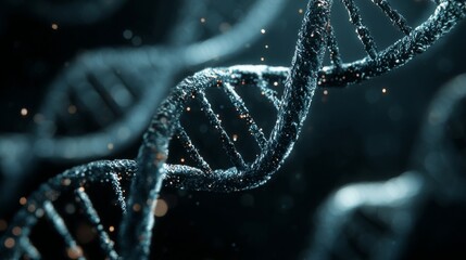 Futuristic glowing digital dna strand under microscope with abstract helix structure, scientific biotechnology and genetic research background
