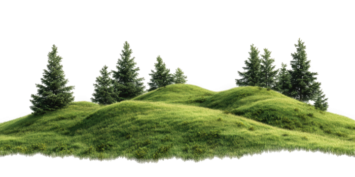 Rolling green hills with pine trees isolated on transparent background