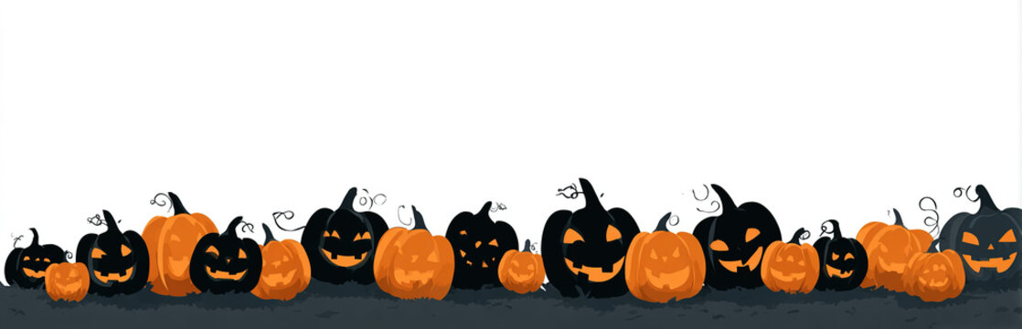 Row of carved pumpkins with glowing faces -background - Halloween decoration concept