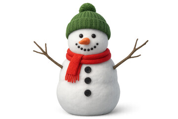 3d snowman wearing green woolen hat and red scarf on transparent background